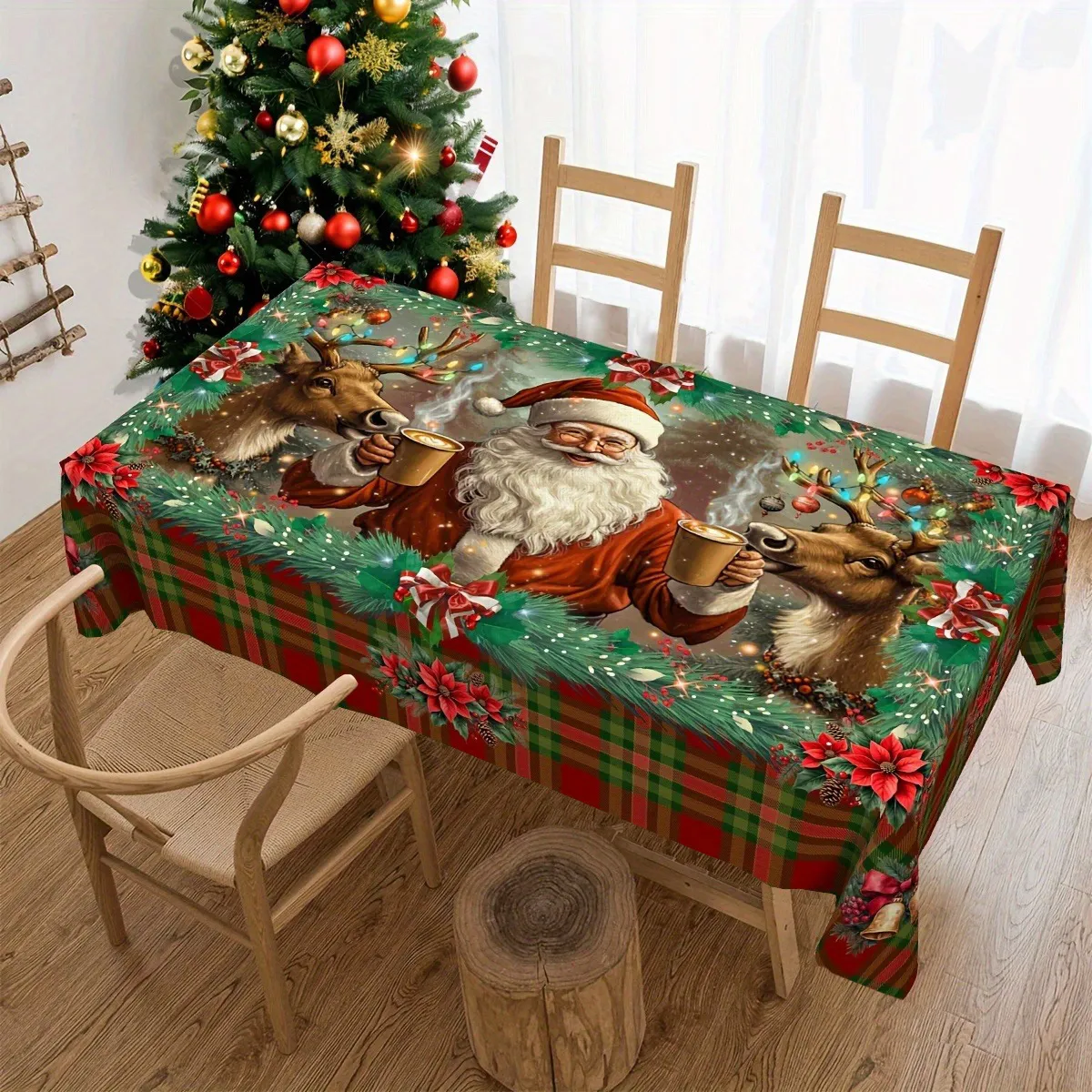 Christmas Tree Scene Snowflake Snowman Waterproof Dining Table Tablecloth Decorative