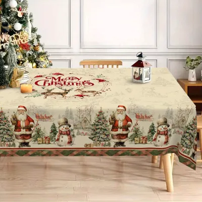 Christmas Tree Scene Snowflake Snowman Waterproof Dining Table Tablecloth Decorative