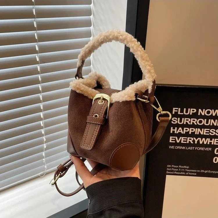 Kids Girls Fashion Autumn And Winter Lamb Wool Mini Bucket Handbag Crossbody Bag