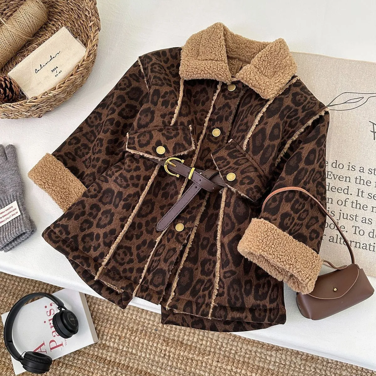 Kids Girl'S Fashion Autumn And Winter Leopard Fleece-Lined Thickened Lapel Long-Sleeve Coat