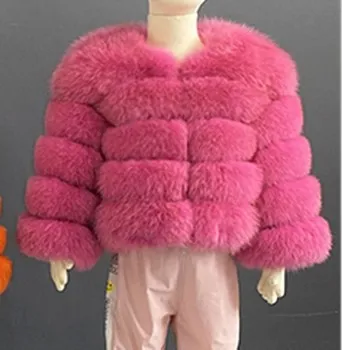 Kids Girls Fashion Winter Solid Color Faux Fox Fur Warm Thickened Long-Sleeve Coat