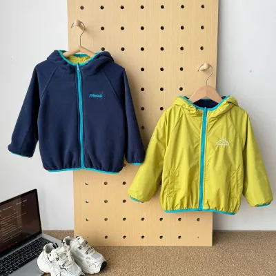 Kids Boys And Girls Fashion Casual Autumn And Winter Double-Sided Fleece-Lined Long-Sleeve Zipper Hooded Coat