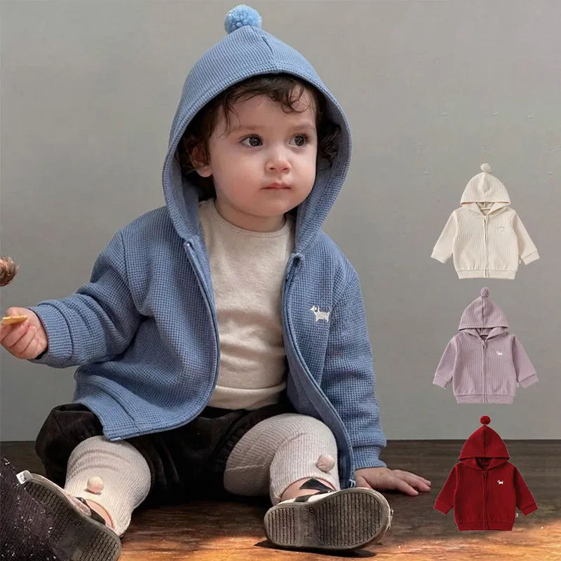 Kids Baby Boys And Girls Fashion Autumn Solid Color Waffler Long-Sleeve Zipper Hooded Coat