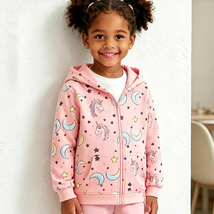 Kids Girls Fashion Casual Autumn Unicorn Printed Hooded Zipper Coat