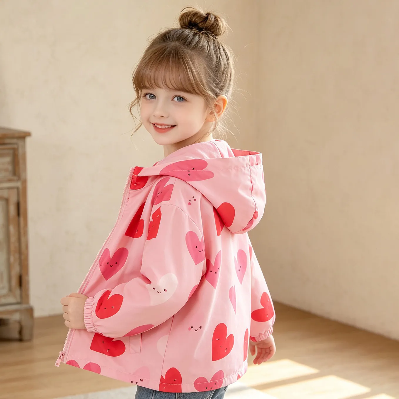Kids Girls Fashion Casual Spring And Autumn Printed Long-Sleeve Hooded Zipper Coat