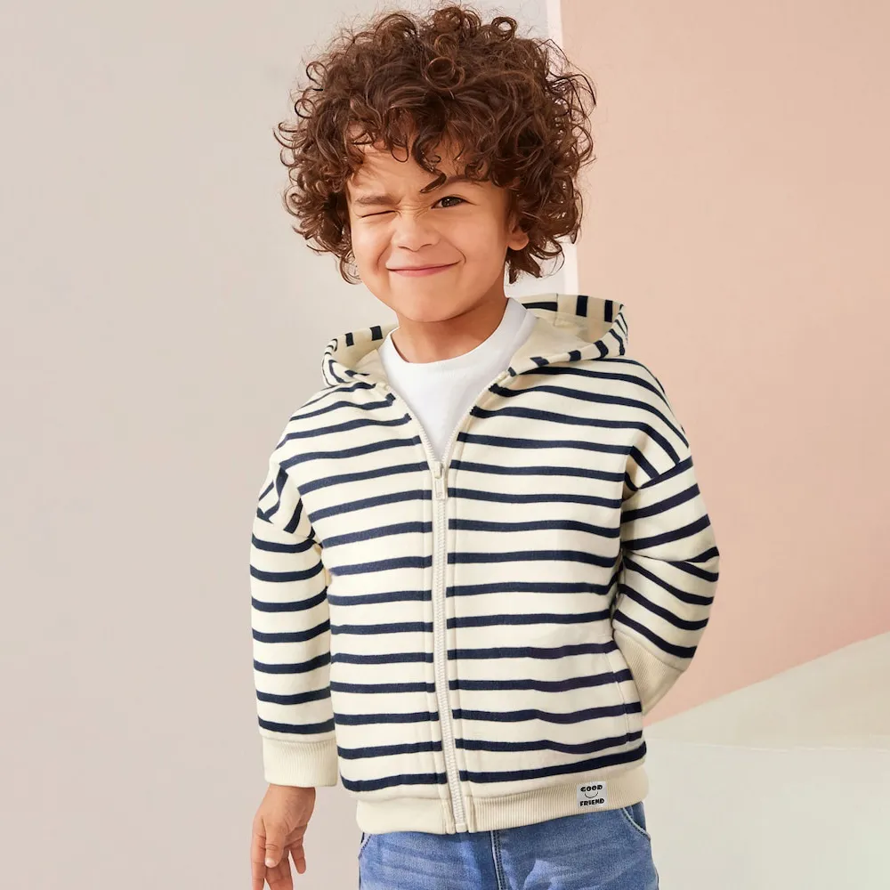 Kids Boys Fashion Casual Autumn And Winter Stripe Long Sleeve Zipper Hooded Coat