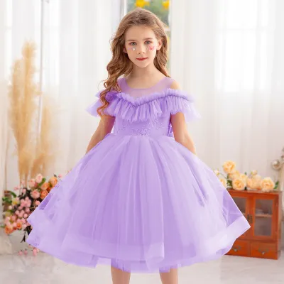 Kids Girls Fashion Elegant Solid Color Mesh Puff A-Line Party Princess Dress