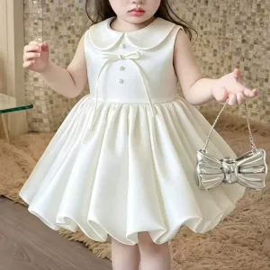 Kids Girls Fashion Elegant White Satin Lapel Sleeveless A-Line Party Princess Dress