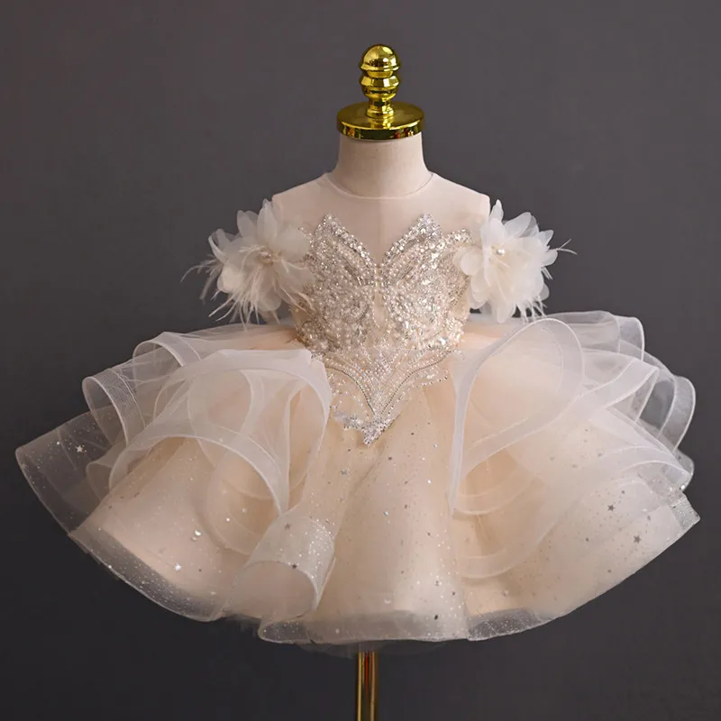 Kids Girls Fashion Elegant Sequins Flower Decoration Sleeveless Puff Party Princess Dress
