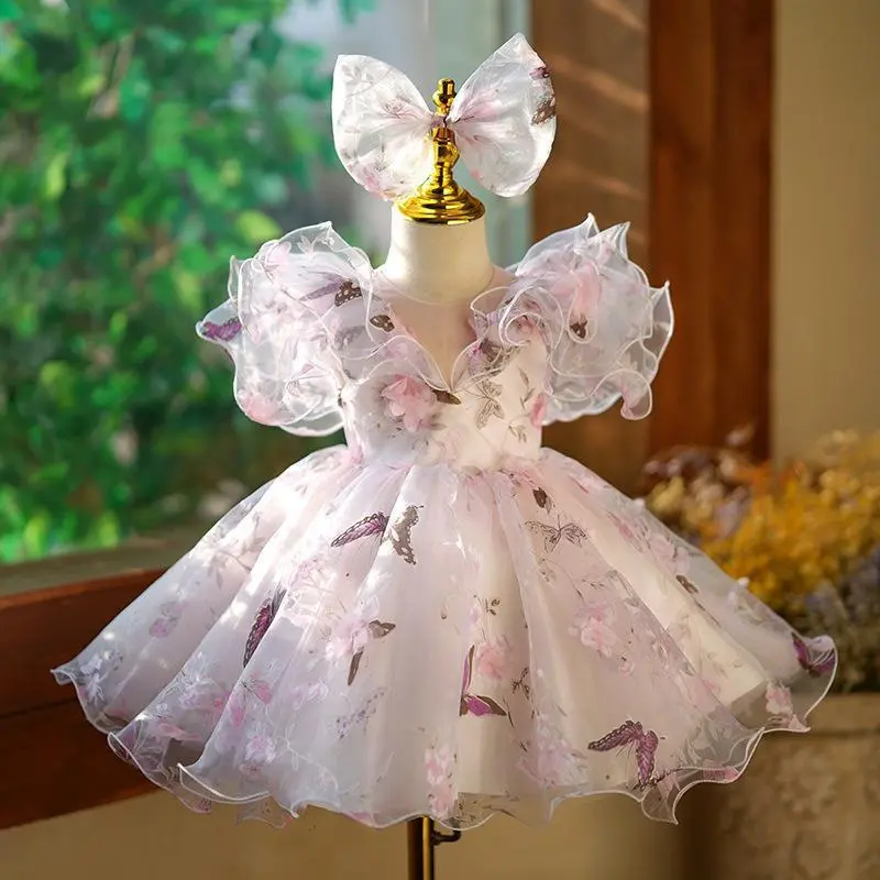 Kids Girl'S Fashion Elegant Butterfly Flower Ruffled Puffy Party Princess Dress