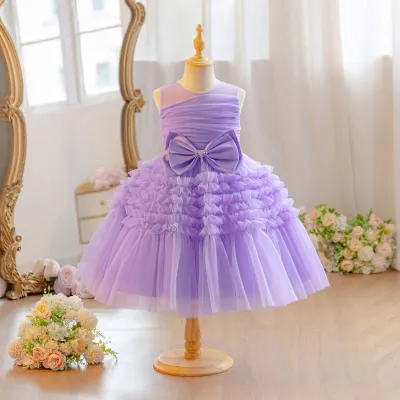 Kids Girls' Fashion Elegant Solid Color Mesh Sleeveless Puff Bow Party Princess Dress