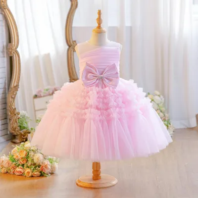 Kids Girls' Fashion Elegant Solid Color Mesh Sleeveless Puff Bow Party Princess Dress
