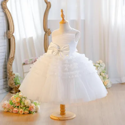Kids Girls' Fashion Elegant Solid Color Mesh Sleeveless Puff Bow Party Princess Dress