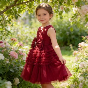 Kids Girls' Fashion Elegant Solid Color Mesh Sleeveless Puff Bow Party Princess Dress