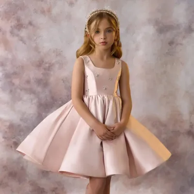 Kids Girls Fashion Elegant Solid Color Sleeveless Backless Puff A-Line Party Princess Dress