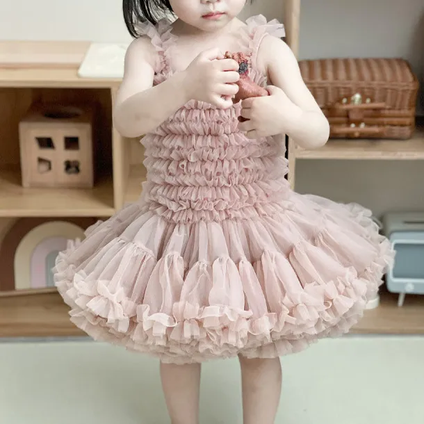 Kids Girls Fashion Cute Solid Color Sleeveless Mesh Puffy Party Princess Dress