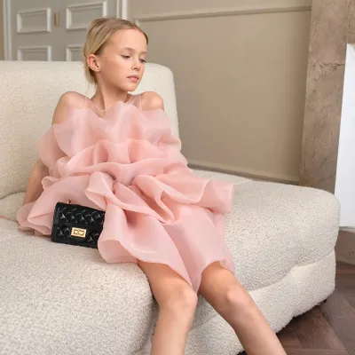 Kids Girls Fashion Elegant Solid Color Mesh Ruffled Party Princess Dress