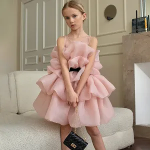 Kids Girls Fashion Elegant Solid Color Mesh Ruffled Party Princess Dress