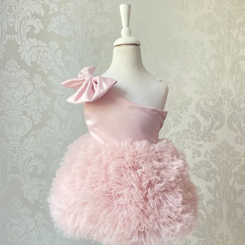 Kids Girls Fashion Elegant Solid Color One-Shoulder Mesh Puff Party Princess Dress