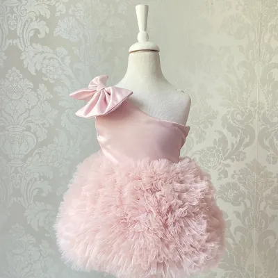 Kids Girls Fashion Elegant Solid Color One-Shoulder Mesh Puff Party Princess Dress