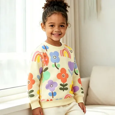 Kids Girls Fashion Casual Autumn Floral Print Cotton Round Neck Long-Sleeve Sweatshirt