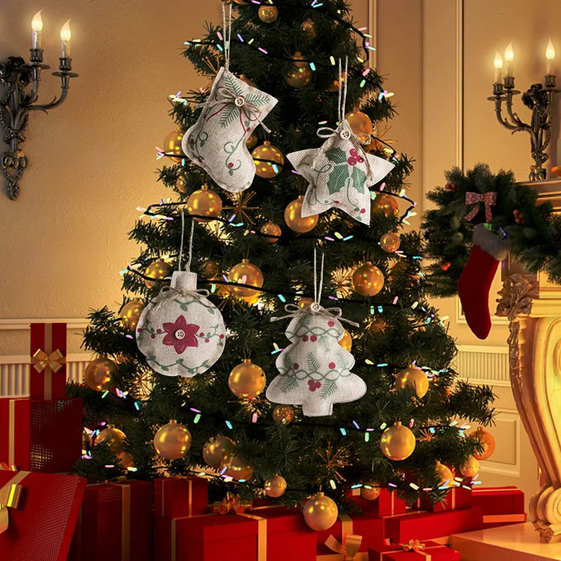 Christmas Linen Pendant Printed Five-Pointed Star Christmas Tree Decorations