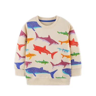 Kids Boys Fashion Casual Autumn Shark Print Cotton Long-Sleeve Sweatshirt