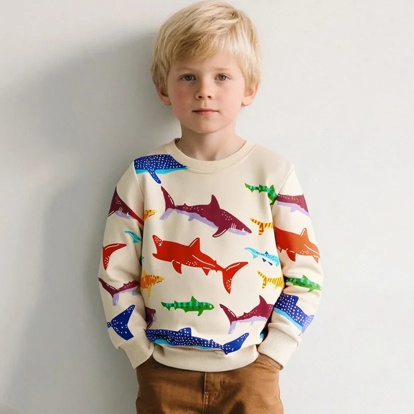 Kids Boys Fashion Casual Autumn Shark Print Cotton Long-Sleeve Sweatshirt