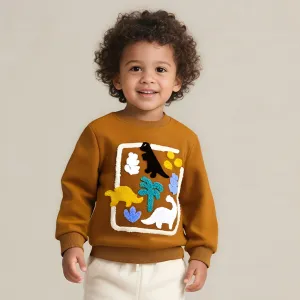 Kids Boys Fashion Casual Autumn Dinosaur Towel Embroidered Round Neck Long Sleeve Sweatshirt