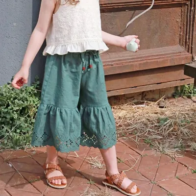 Kids Girls Fashion Casual Summer Solid Color Hollow Breathable Wide Leg Pants