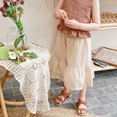 Kids Girls Fashion Casual Summer Solid Color Hollow Breathable Wide Leg Pants