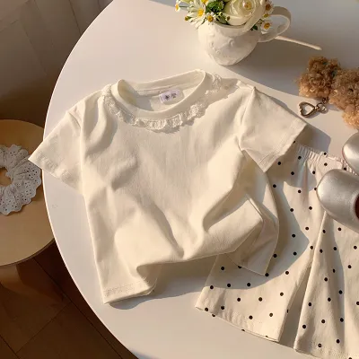 Kids Girls' Fashion Summer Lace Doll-Collar Short-Sleeve T-Shirt