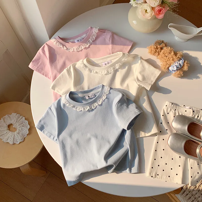 Kids Girls' Fashion Summer Lace Doll-Collar Short-Sleeve T-Shirt