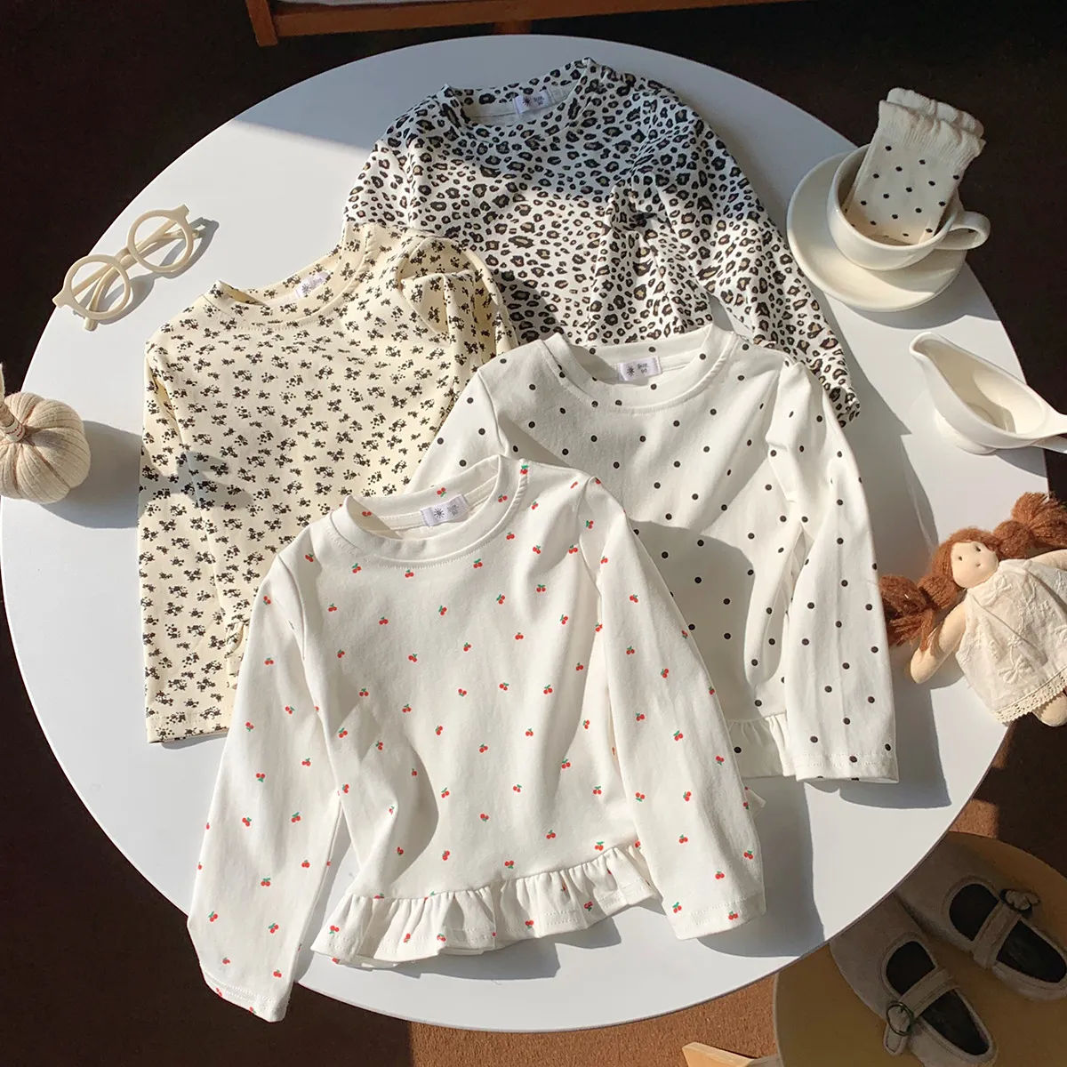 Kids Girls' Fashion Casual Spring And Autumn Printed Long-Sleeved Ruffled T-Shirt