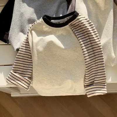 Kids Boys Fashion Casual Autumn Color-Matching Stripe Round Neck Long-Sleeve T-Shirt