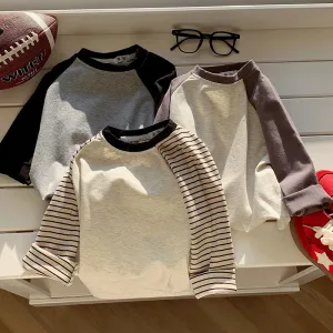 Kids Boys Fashion Casual Autumn Color-Matching Stripe Round Neck Long-Sleeve T-Shirt