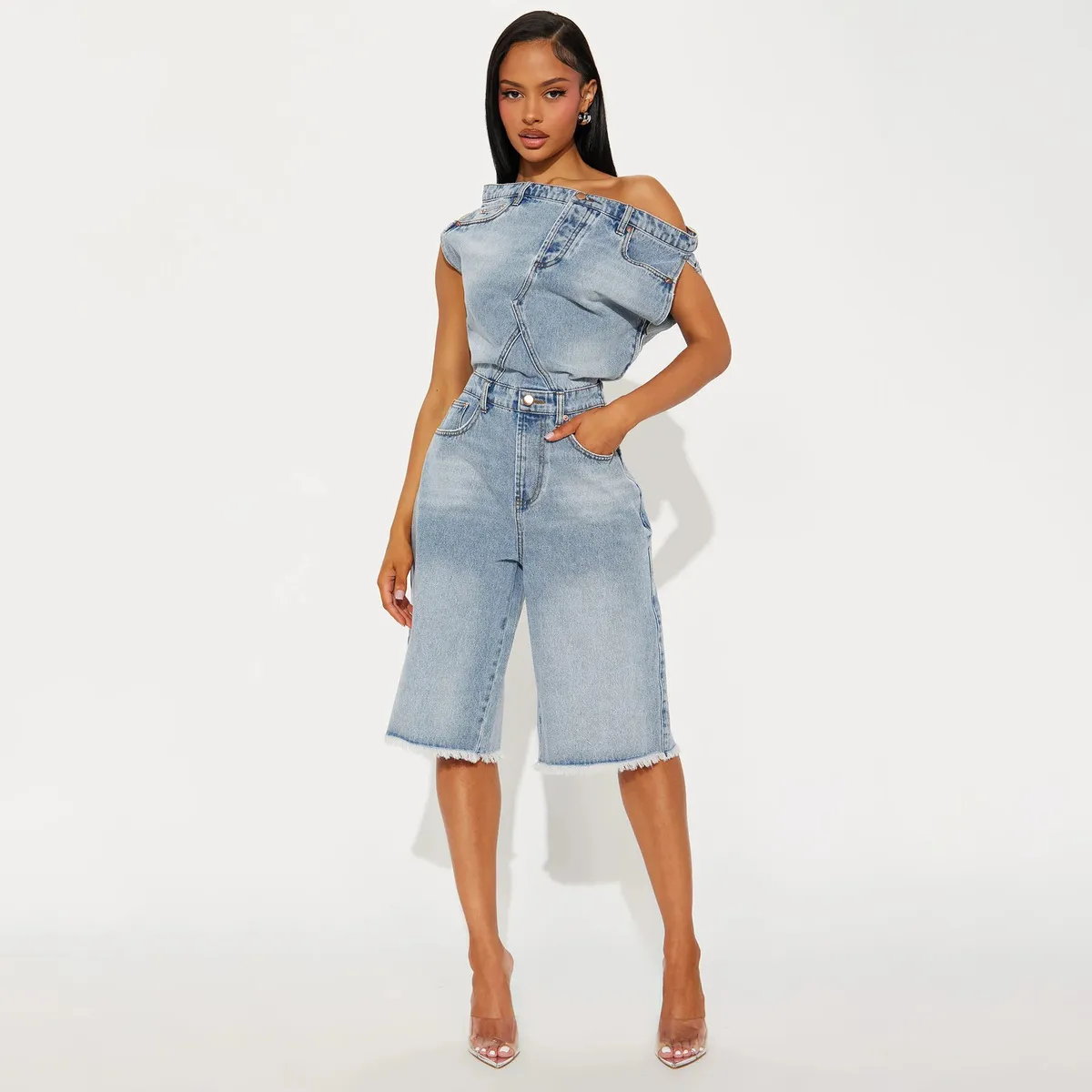 Women Fashion Casual Creative Slanted Shoulders Slim-Fit Denim Rompers