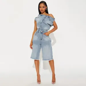 Women Fashion Casual Creative Slanted Shoulders Slim-Fit Denim Rompers