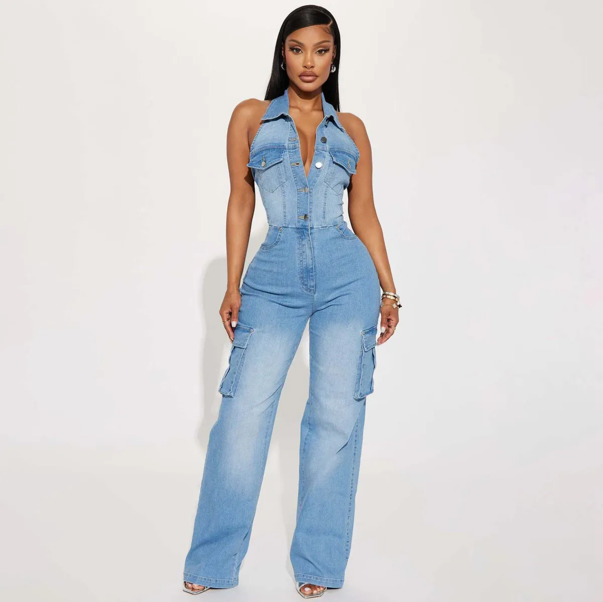 Women Fashion Lapel Backless Tight-Waist Slim-Fit Stretch Denim Jumpsuit