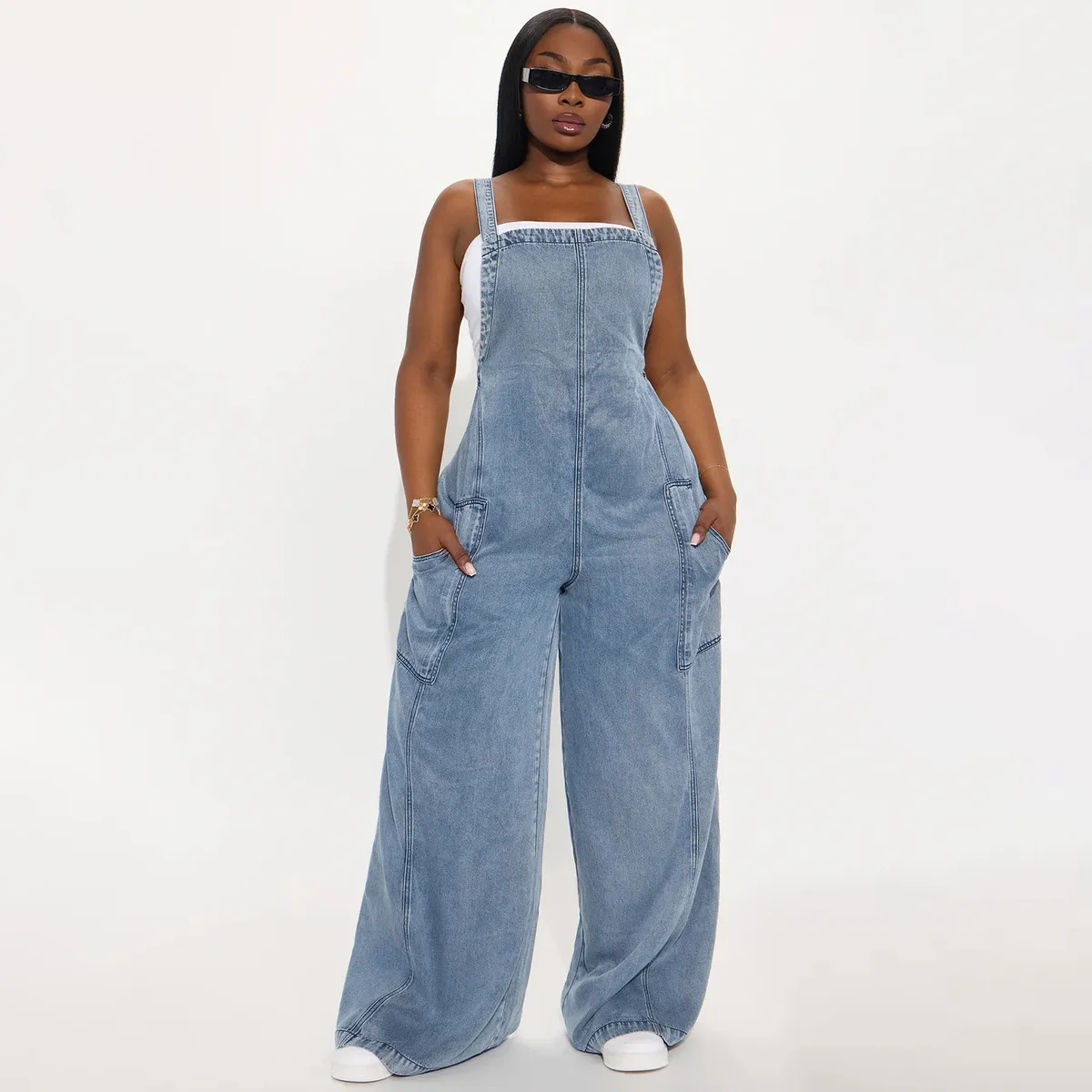 Women Fashion Washed Backless Wide Leg Denim Jumpsuit