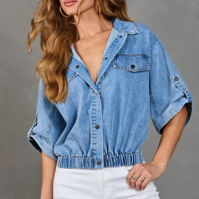 Women Fashion Casual Lapel Short-Sleeve Loose Denim Jacket