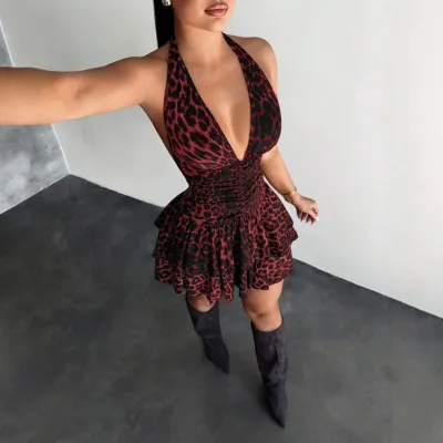 Women Fashion Sexy Summer Leopard Halter-Neck Backless Lace-Up A-Line Dress