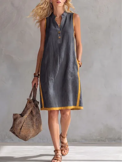 Women Fashion Casual Summer Cotton Linen V-Neck Sleeveless Loose Dress
