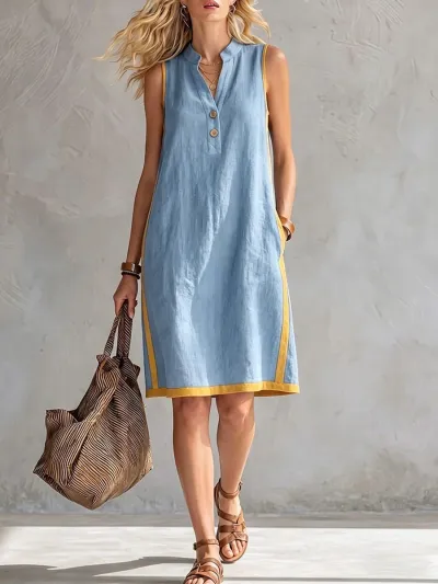 Women Fashion Casual Summer Cotton Linen V-Neck Sleeveless Loose Dress