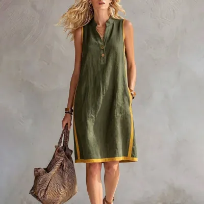 Women Fashion Casual Summer Cotton Linen V-Neck Sleeveless Loose Dress