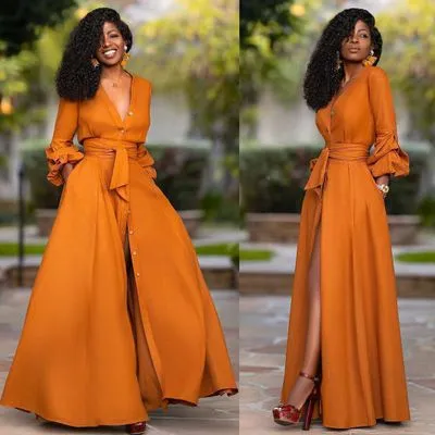 Women Fashion Elegant Solid Color V-Neck Long-Sleeve Split Dress