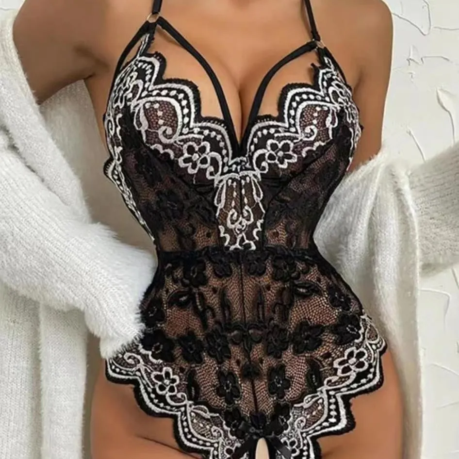 Women Fashion Lace Perspective Crotch One-Piece Sexy Lingerie