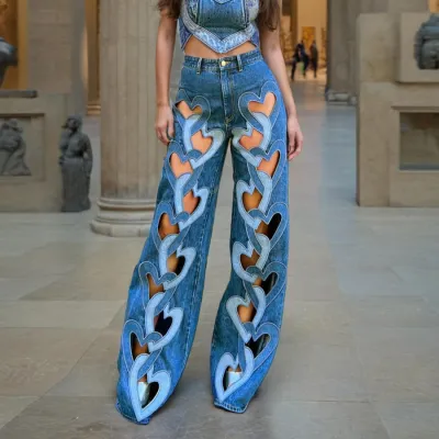 Women Fashion Creative Stretch Hollow Love Embroidery Straight Wide Leg Jeans