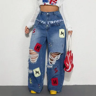 Women Fashion Creative Ripped Letter Cloth Loose Wide Leg Jeans