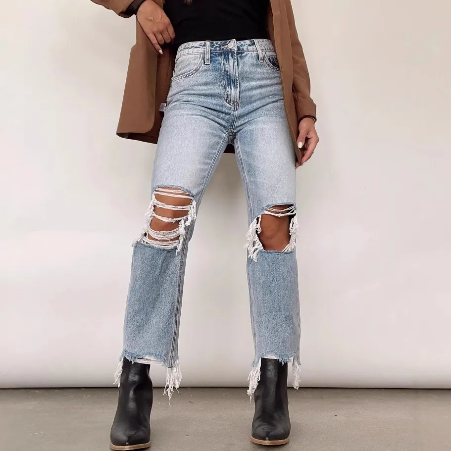 Women Fashion Casual Washed Ripped High Waist Straight Jeans